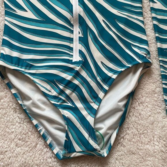MICHAEL Michael Kors Swim Paddle Rashguard Zip Swim Bodysuit Teal Cove Size 6 - Picture 3 of 10